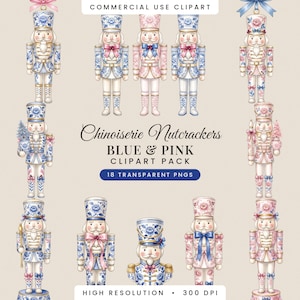 Può includere: Una collezione di illustrazioni digitali con figure di schiaccianoci decorate con motivi floreali blu e rosa. Il testo recita: COMMERCIAL USE CLIPART, Chinoiserie Nutcrackers BLUE & PINK CLIPART PACK, 18 TRANSPARENT PNGS, HIGH RESOLUTION 300 DPI.