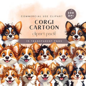 Aquarel Corgi-clipart: cartoonhond png-bundel (digitale download)
