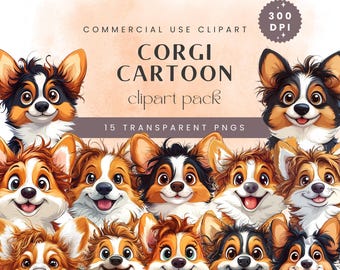May include: A digital clipart pack of 15 cartoon Corgi dogs with various expressions. The Corgis are in different poses and have different colored fur. The text "Corgi Cartoon clipart pack" is written in the image.