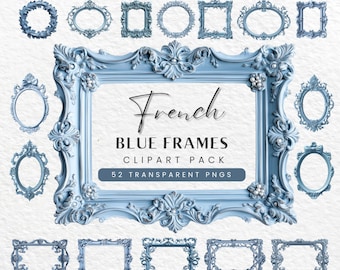 French Blue Frames Clipart: Vintage Floral PNG Borders (Digital Download)