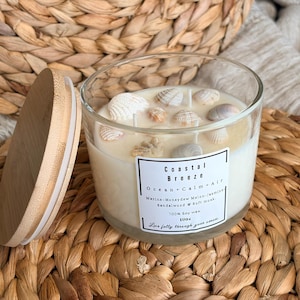 Vela de soja Brisa Costera – Decorada con conchas marinas, aroma a brisa marina, frasco de 283 g (10 oz)