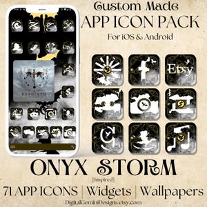 May include: A set of 71 custom-made app icons for iOS and Android. The icons are black and white with gold accents and feature a cloud and bird design. The set also includes widgets and wallpapers. The text "ONYX STORM" is displayed in large letters at the bottom of the image.