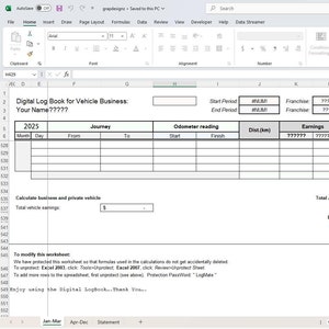 Pode incluir: Um livro de registro digital para empresas de veículos, com um formato de planilha para acompanhar a quilometragem, os ganhos e outras informações importantes. A planilha é intitulada "Livro de registro digital para empresas de veículos: Seu nome?????" e inclui colunas para o mês, o dia, a viagem, de, para, a leitura do odômetro, a distância, os ganhos, o motivo da viagem e a assinatura do motorista. A planilha também inclui uma seção para calcular o uso comercial e privado do veículo.
