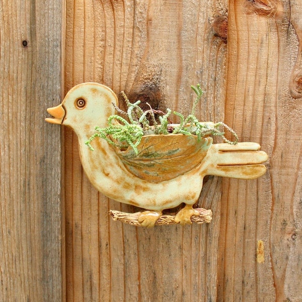 Wall Pocket - Small Gold Clay Planter - Ceramic Bird, Wing Made From a Real Leaf - Pottery Succulent or Air Plant Container - Whimsical