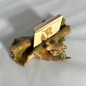 Ceramic Leaf Business Card Holder -  Clay bird accent