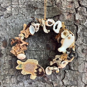 Mini Seashore Theme Wall Hanging - Small Beach Ornament - Handmade Ceramic Sea Creatures - Real Shells - Wall Decoration