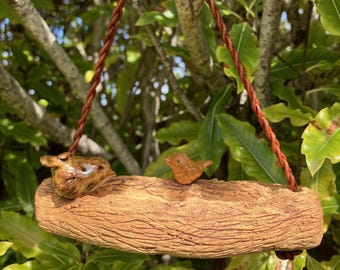 Hanging Clay Small Bird Feeder - 2-Sided - 2 Clay Birds on a Ceramic Log