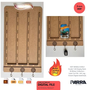 May include: A Hot Wheels display rack made of light brown MDF wood. The rack features slots for toy cars and decorative keychains. The Hot Wheels logo is at the top. The text "Actual product image" is also visible.