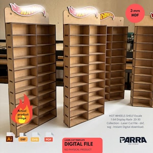 May include: Wooden display shelves for Hot Wheels cars. The shelves are made of MDF and have multiple compartments for storing miniature cars. The display rack has a sign at the top with the Hot Wheels logo. The text "DIGITAL FILE" is visible.