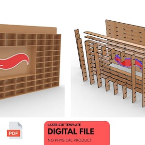 May include: A wooden display shelf with multiple small compartments, featuring a central cutout with a red and white logo. The image also shows the shelf's disassembled components. The text "DIGITAL FILE" is visible.