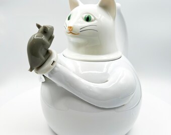 SELTENE Vintage Copco Katzen Teekanne, Emaille Katze und Maus Teekessel, Sammlerstück Niedliche weiße Kitty Pfeifende Teekanne
