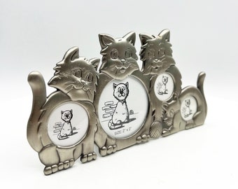 Vintage Cat Pewter Metal Picture Frame,Standing  7" by 3 1/2", Four Openings