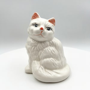 Vintage Ceramic Cat Figurine White Hand-Painted with Orange Accents, 5 3/8 Inches Tall
