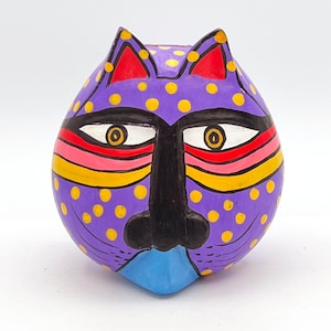 ヴィンテージ ウィムジー 猫の頭 木製小物入れ 手描き 彫刻 カラフル | インドネシアの民芸品 | 猫好きへのギフト