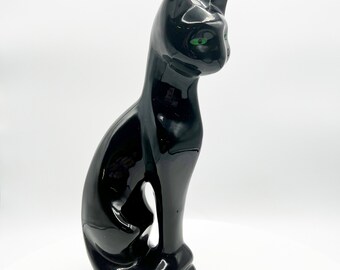 Vintage Porcelain Green Eyes Black Cat Figurine 11" Tall,Ceramic Mid-Century Modern Style Standing Black Cat Sculpture,MCM