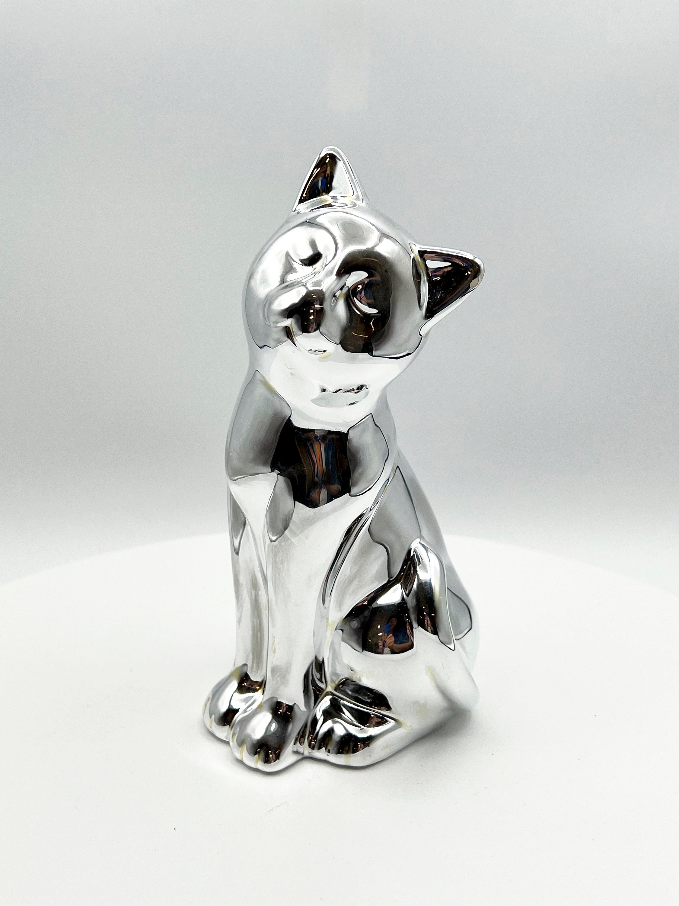 P.Silver Cat 銀猫 （OC） Vintage Silver Chrome Glaze Ceramic Cat Sculpture, 8