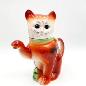 Mid-Century Orange Hand-Painted Ceramic Chinese Lucky Cat Teapot Fortune Cat with Green Ribbon and Watermelon