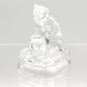 1940&#39;s Glass Cat & Ball Figurine | Small Glass Cat Paperweight | Clear Pressed Glass Cat Candy Container Top
