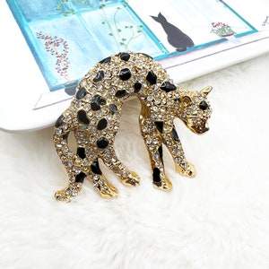 Vintage Leopard Brosche,schwarze Emaille und Kristalle Rhinestone,Gepard,Jaguar,unmarkierter Rhinestone Schmuck