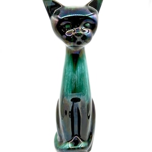 Vintage 14&quot; Blue Mountain Pottery Cat Figurine - Mid-Century Modern Decor, Green Glaze Ceramic, Collectible Animal Statue