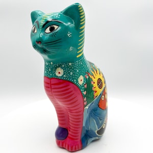 Vintage Mexican Pottery Talavera Cat Figurine | Hand-Painted Terracotta Ceramic Cat with Sun and Fishes Motifs Turquoise Cat