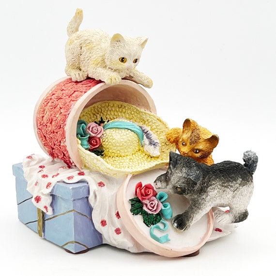 Vintage Kittens Cats on Rose Bucket and Straw Hat Flower Etsy