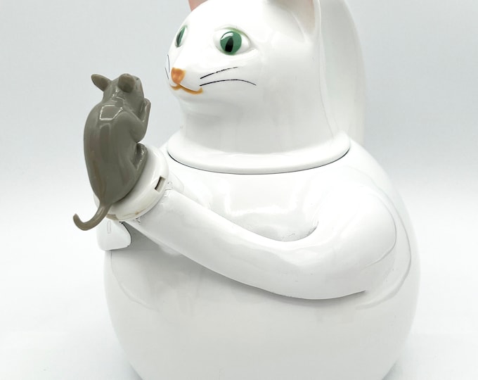 RARE Vintage Copco Cat Teapot,enamel Cat and Mouse Tea Kettle