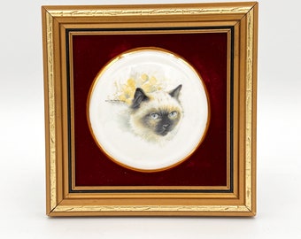 RARE! Countess Ceramics Limited Plaque murale en porcelaine fine encadrée Portrait de chat Birman en doré doré | Portrait de chat siamois