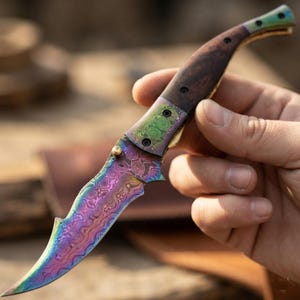 Handmade Knife Damascus Steel Titanium Folding Pocket with Sheath