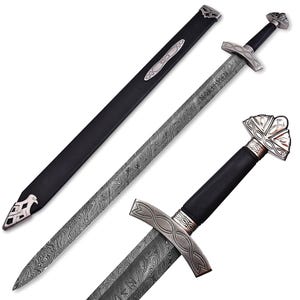 Handcrafted Damascus Steel Viking Sword: Historical Replica with Leather Scabbard