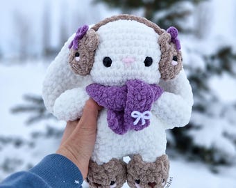 Cozy Bunny Plushie - *Ready To Ship* Handmade Crochet bunny wearing bear earmuffs, bear boots, and purple scarf