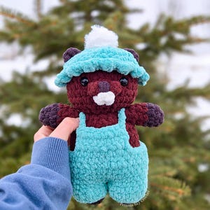 Crochet Beaver Plushie - *Ready To Ship* Handmade Crochet woodland beaver wearing removable blue overalls and matching beanie