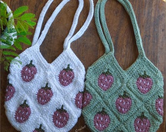Handmade Crochet Strawberry Tote Bag | Granny Square Shoulder Bag