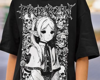 Camiseta de anime elfo mago, camiseta gráfica de fantasia mágica, camiseta de mangá jornada emocional, camiseta vintage de anime japonês dos anos 90, camiseta unissex de presente otaku