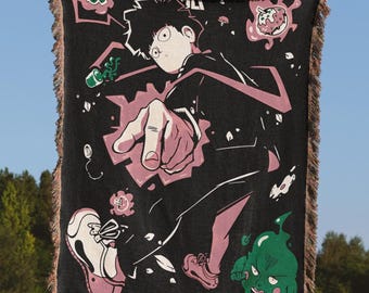 Manta tejida de anime Mob Psycho 100, manta decorativa de anime con casco, tapiz Shigeo Doodles, regalo japonés para otakus, decoración de habitación inspirada en el manga
