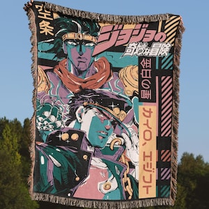 Adventure Anime Woven Blanket, Bizarre Hero Dramatic Pose Manga Tapestry, Vintage Japanese 90s Anime Otaku Room Decor, Muscle Graphic Throw