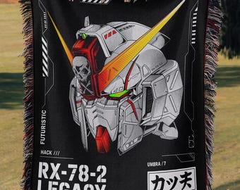 Gundam Anime Woven Blanket, 90s Vintage Anime Tapestry Throw, Robot Anime Lovers Room Decor, Japanese Manga , Retro Gundam Anime Blanket