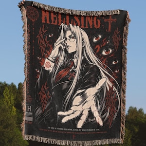 May include: A black and red woven throw blanket featuring an anime character with long blonde hair, glasses, and a dark suit. The design includes the text Hellsing, multiple red eyes, a cross, and the phrase The bird of Hermes is my name.