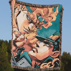Adventure Anime Woven Blanket, Bizarre Hero Dramatic Pose Manga Tapestry, Vintage Japanese 90s Anime Otaku Room Decor, Muscle Graphic Throw