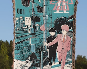 Manta tejida de anime Mob Psycho 100, manta decorativa de anime con casco, tapiz Shigeo Doodles, regalo japonés para otakus, decoración de habitación inspirada en el manga