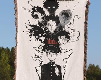 Mob Psyhco 100 Anime Woven Blanket, Helmet Anime Throw Blanket, Shigeo Doodles Tapestry Throw Japanese Otaku Gift, Manga Inspired Room Decor