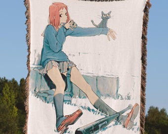 FLCL Anime Woven Blanket, Never Knows Best Tapestry, Mamimi Samejima Fooly Cooly Throw, 90s Anime Otaku Room Decor, Vintage FLCL Blanket