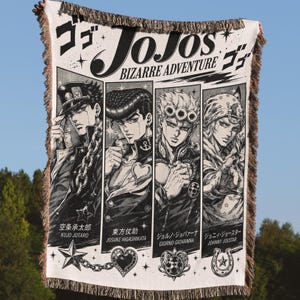May include: A woven throw blanket featuring black and white illustrations of four characters from JoJo's Bizarre Adventure. The design includes the text JoJo's Bizarre Adventure, character names in English and Japanese, and decorative star, heart, and chain motifs.