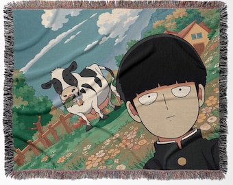 Mob Psyhco 100 Anime Woven Blanket, Helmet Anime Throw Blanket, Shigeo Doodles Tapestry Throw Japanese Otaku Gift, Manga Inspired Room Decor