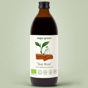 Peut inclure: Une bouteille en verre marron avec un bouchon noir et une étiquette blanche avec une illustration de plante verte et le texte "Sun Root". La bouteille contient un liquide foncé, et l'étiquette comprend également du texte et des icônes.