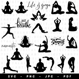 Puede incluir: Un conjunto de 16 poses de yoga en blanco y negro y citas inspiradoras. Las poses incluyen el perro boca abajo, el guerrero uno, el árbol y el loto. Las citas incluyen "La vida es yoga", "Simplemente respira" y "Namaste".