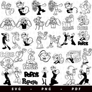 Popeye SVG Bundle, Popeye épinards svg, svg de dessin animé, téléchargement numérique, téléchargement immédiat, fichier coupé pour Cricut, impression de t-shirt, Png, Pdf, Svg