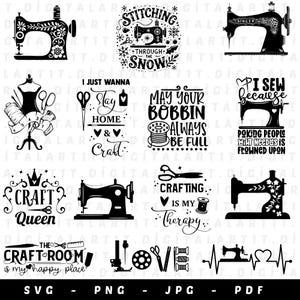 May include: A selection of black and white sewing-themed designs. Features sewing machines, text including "Stitching Through the Snow," and phrases like "Craft Queen" and "Crafting is my Therapy." Formats include SVG, PNG, JPG, and PDF.