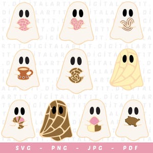 May include: Eight white ghost illustrations with different Mexican sweet bread designs. Each ghost is holding a different type of pan dulce, including conchas, a heart-shaped pan dulce, a coffee cup, and a pig-shaped pan dulce.