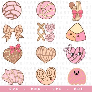 May include: A set of ten digital clipart images featuring various cute cartoon pastries in pink, brown, and white. The pastries are shaped like hearts, swirls, bows, and a pig. Each pastry has a smiling face and some have eyes.